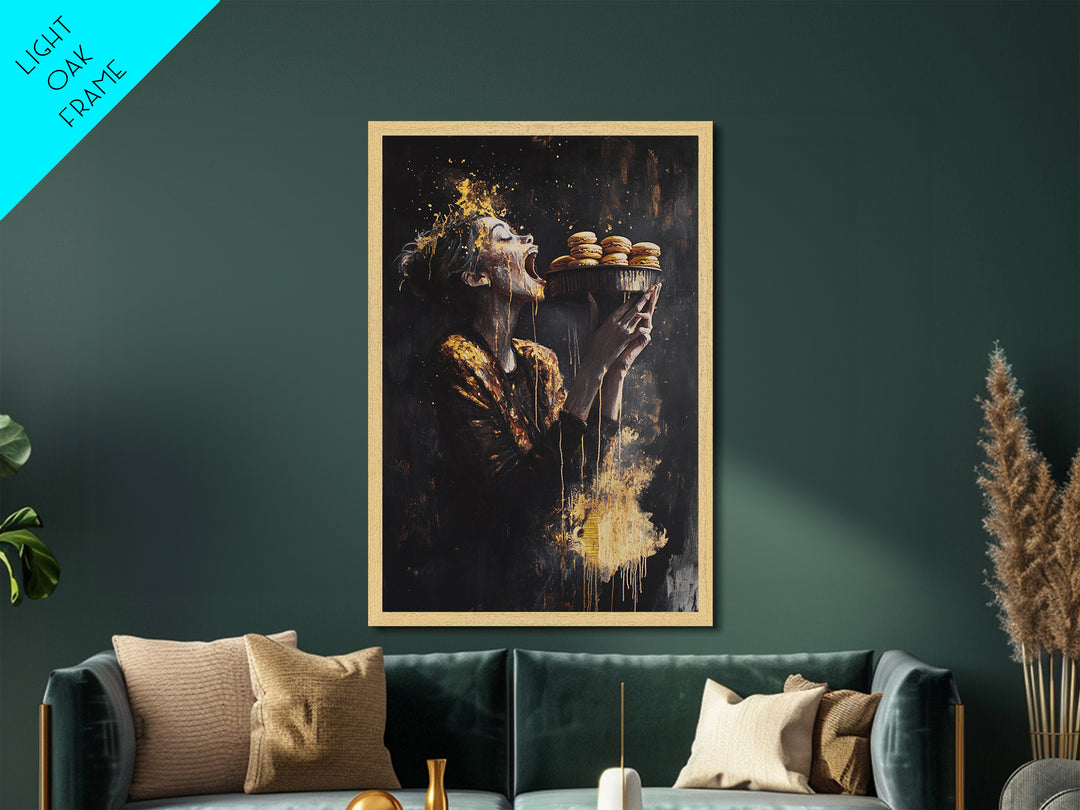 Horror Feast Metallic Gold Art, Spooky Gothic Woman Eating Macarons Metal Art Print, Halloween Wall Decor framed in real wood