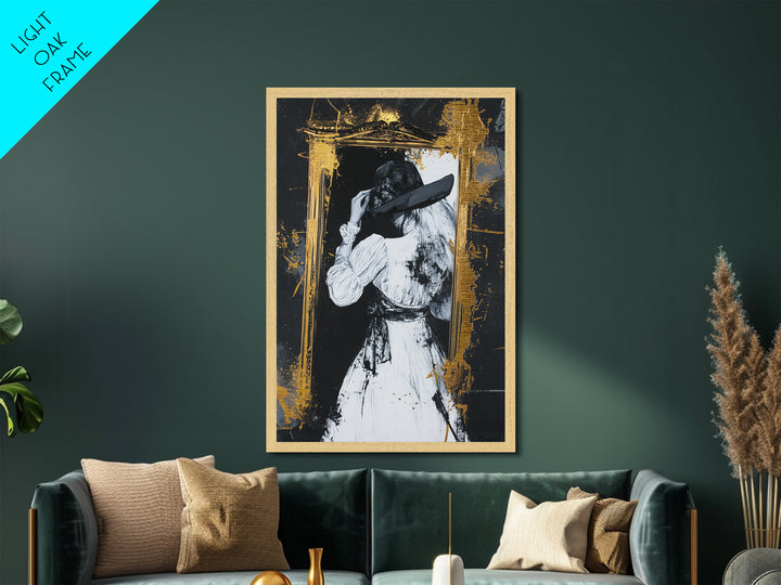 Witchy Gothic Lady Metallic Gold Art, Haunted Mirror Scene Metal Art Painting, Spooky Halloween Decor framed with wood detail
