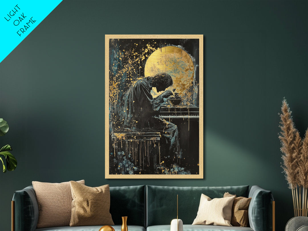 Creepy Pianist Metallic Gold Art, Gothic Moonlight Horror Metal Art Print, Haunted Halloween Wall Decor in real wood frame