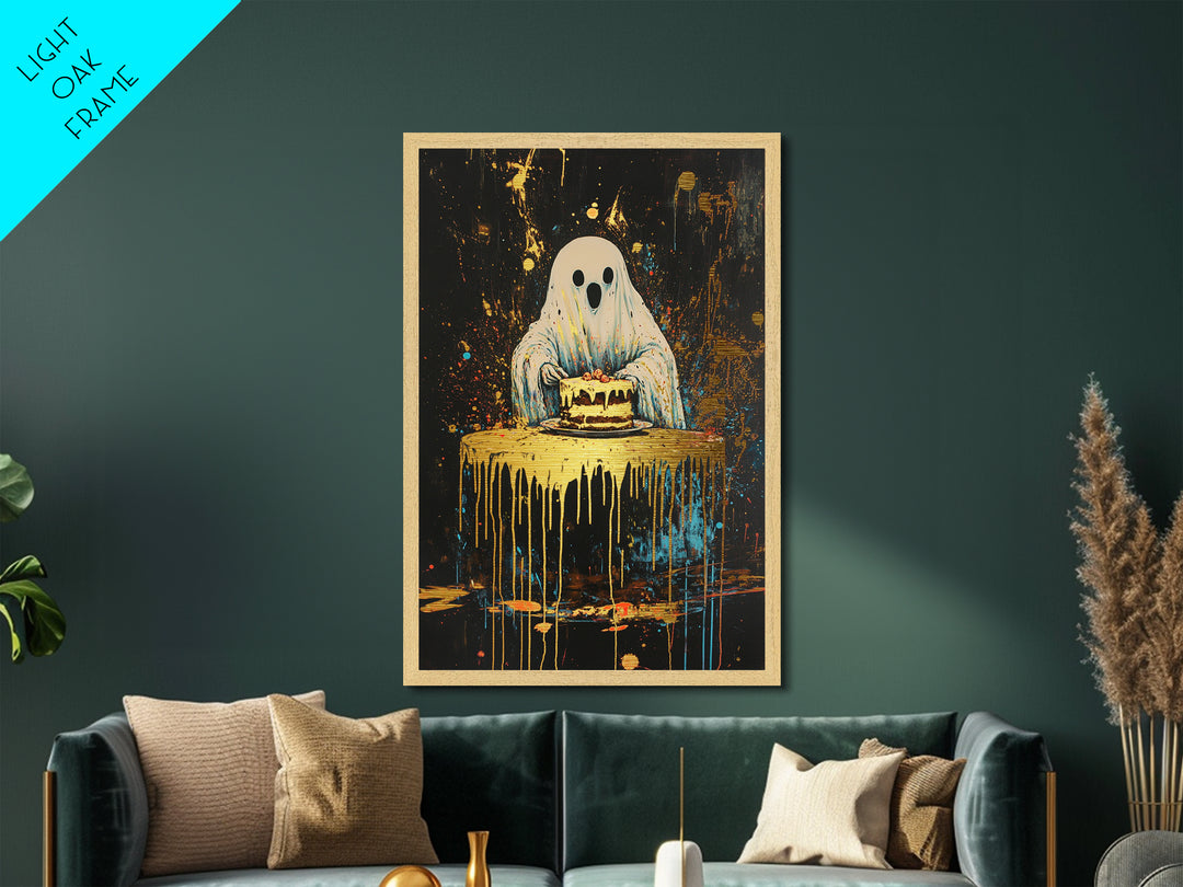 Ghost with Cake Metallic Gold Art, Playful Haunted Party Metal Art for Halloween Décor, with handcrafted real wood frame