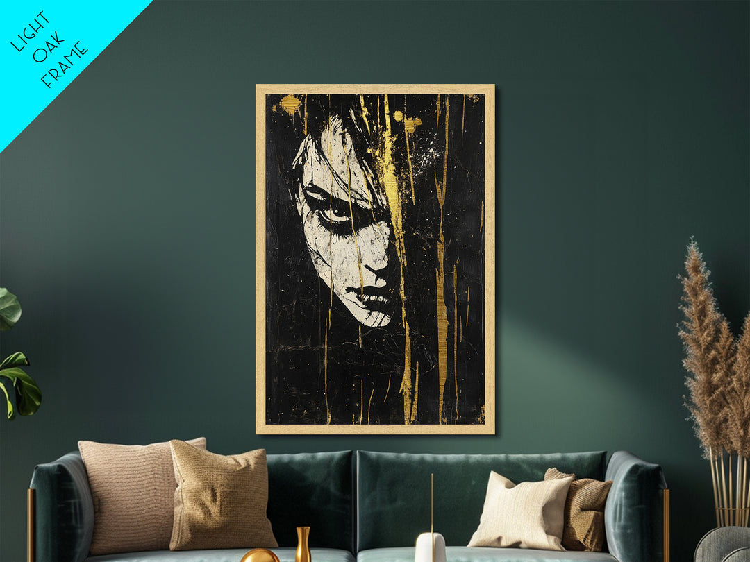 Creepy Female Portrait Metallic Gold Art, Dark Gothic Face Metal Art for Spooky Home Décor, in solid real wood framing