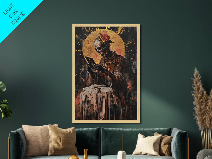 Skeleton with Rose Metallic Gold Art, Gothic Undead Metal Art with Horror Vibes for Halloween Wall Décor, real wood frame included