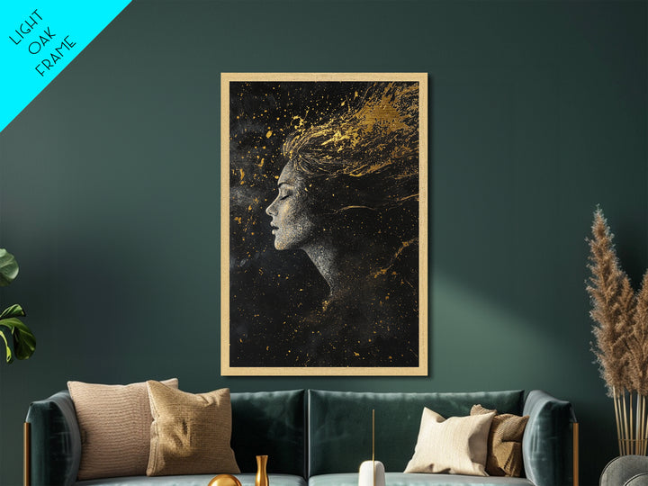 Celestial Witch Metallic Gold Art, Enchanted Spooky Season Metal Art with Starry Night Design, framed in natural real wood