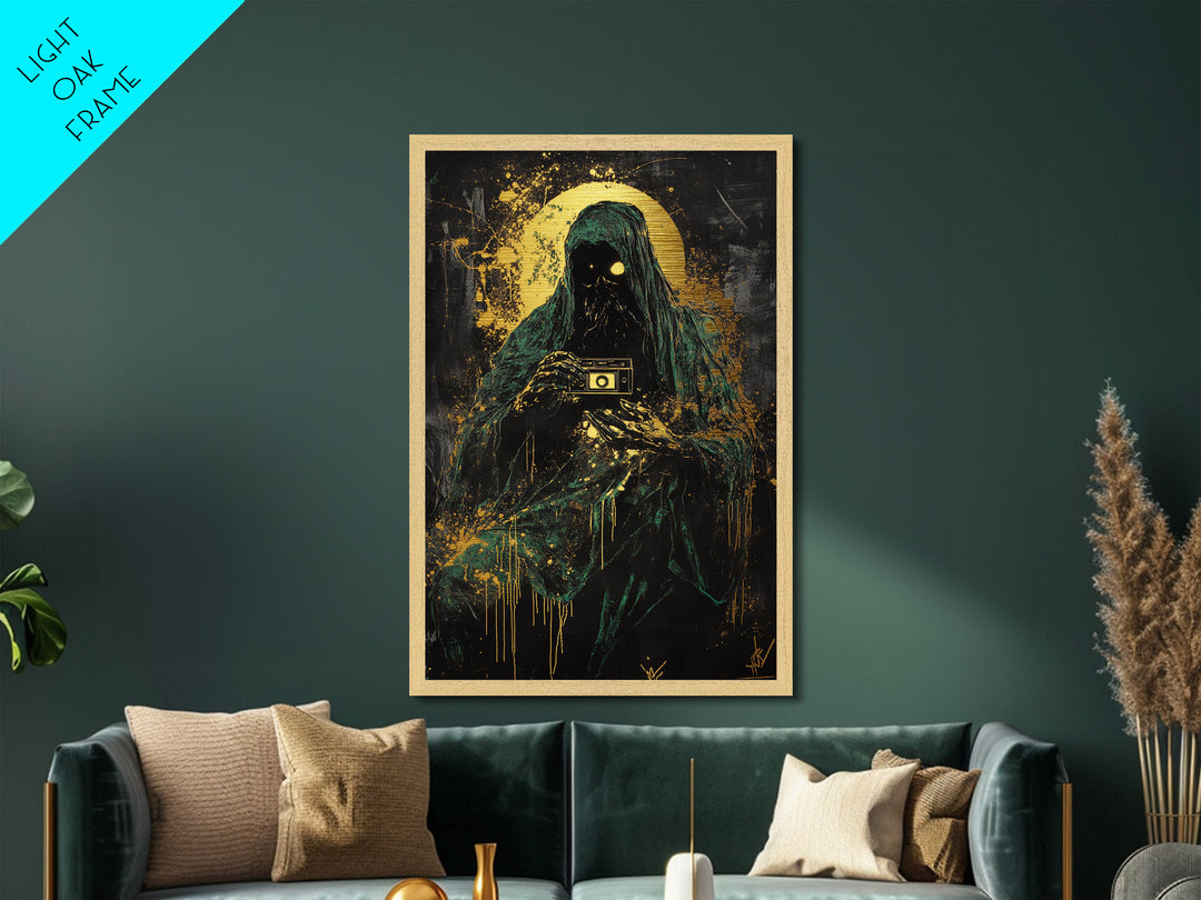 Dark Phantom Photographer Metallic Gold Art, Creepy Haunted Camera Metal Art with Gothic Horror Vibe, real wood frame