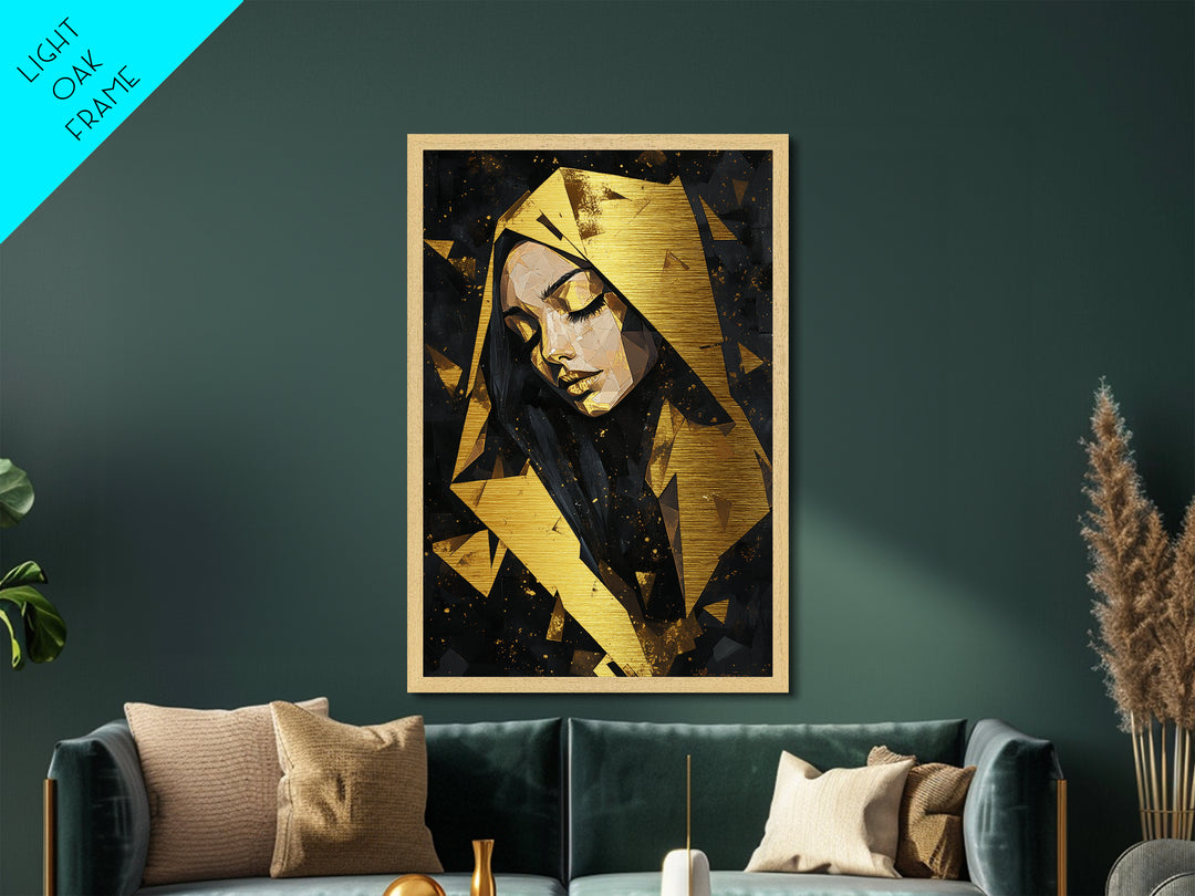 Geometric Hooded Woman Metallic Gold Art, Gothic Polygon Spooky Season Metal Art with Witchy Aesthetic, framed in wood