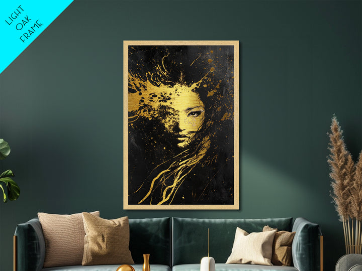 Splattered Witch Face Metallic Gold Art, Haunted Abstract Portrait Metal Art for Halloween Horror Vibes, real wood framing