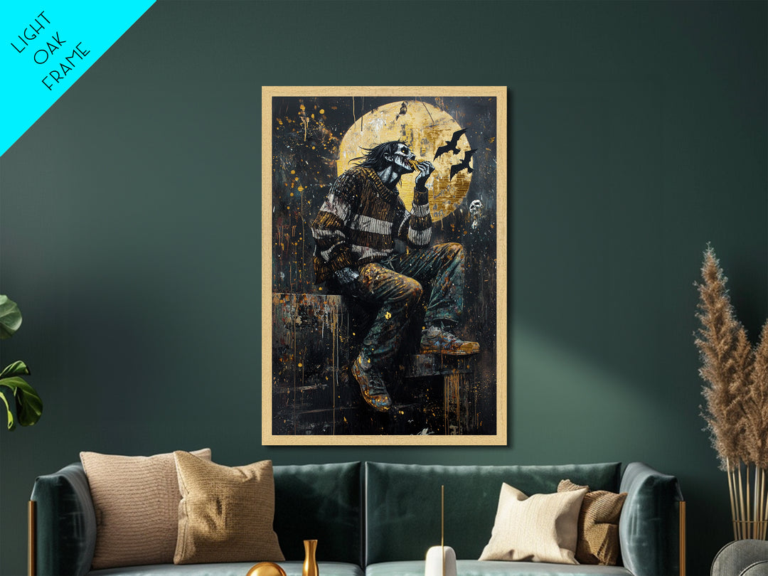 Haunted Moon Zombie Eating Scene, Metallic Gold Art, Spooky Horror Wall Metal Art Framed in Real Wood for Halloween Decor