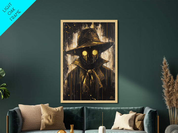Creepy Scarecrow with Glowing Eyes, Gothic Metallic Gold Art, Horror Halloween Metal Art in Natural Real Wood Frame
