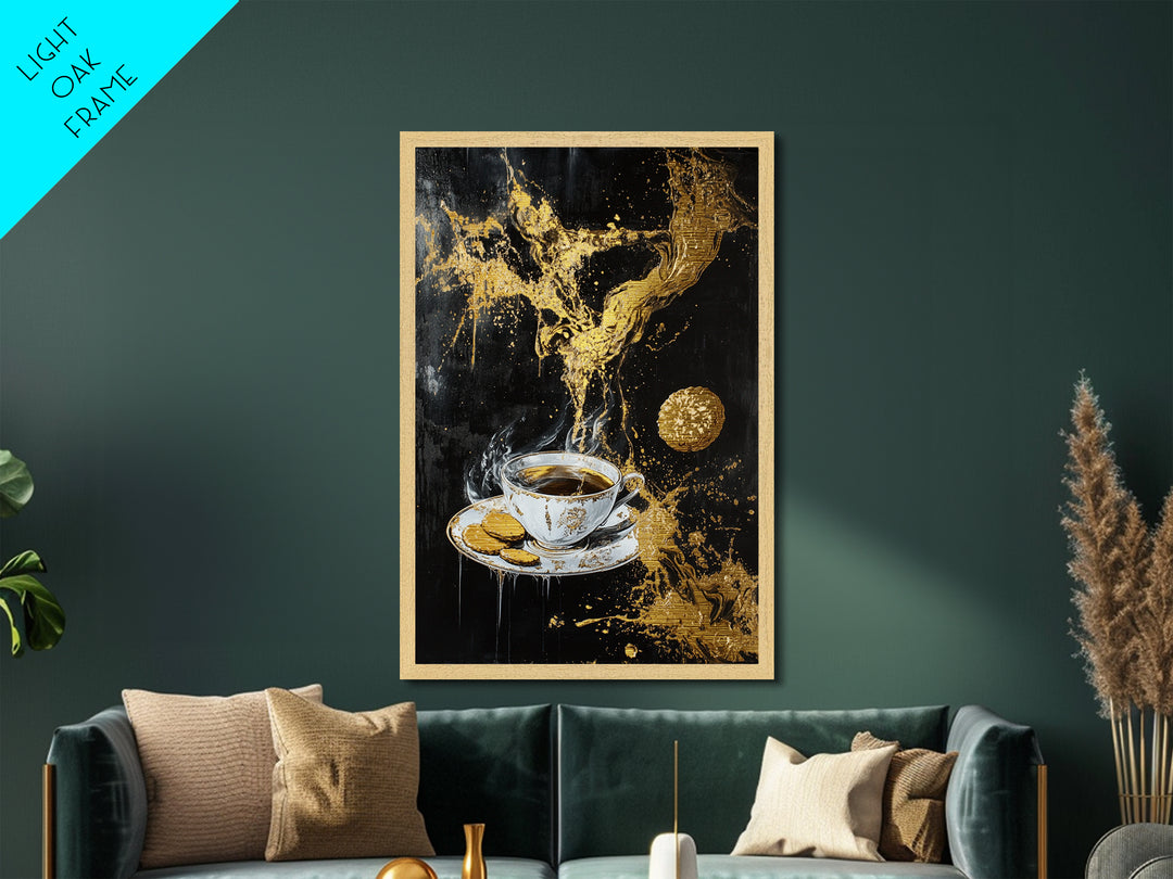 Haunted Coffee and Cookies Scene, Metallic Gold Art, Spooky Kitchen Witch Metal Art with Real Wood Frame Halloween Decor