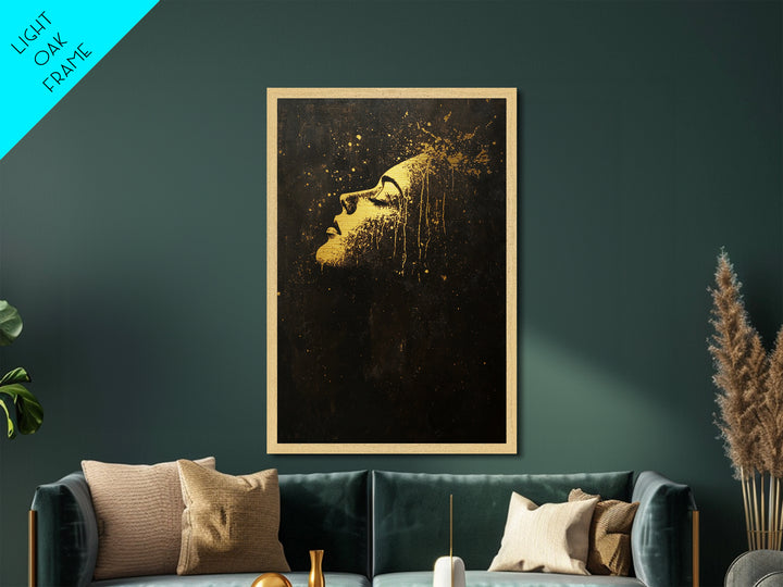Golden Face in Darkness Abstract, Metallic Gold Art, Spooky Gothic Metal Art Halloween Wall Hanging with Real Wood Framing