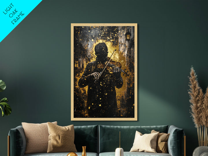 Creepy Violinist in the Shadows, Metallic Gold Art, Haunted Musician Spooky Season Metal Art Framed with Natural Wood