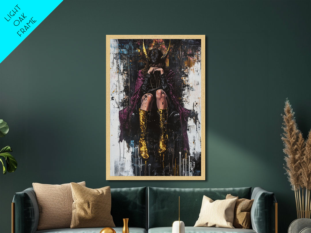 Dark Gothic Woman with Golden Horns, Metallic Gold Art, Spooky Halloween Witch Metal Art in Real Wood Frame Wall Hanging