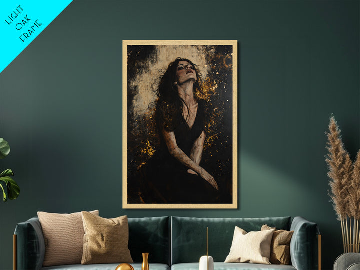 Mystical Black Dress Portrait, Metallic Gold Art, Gothic Spooky Horror Metal Art Wall Decor with Real Wooden Frame