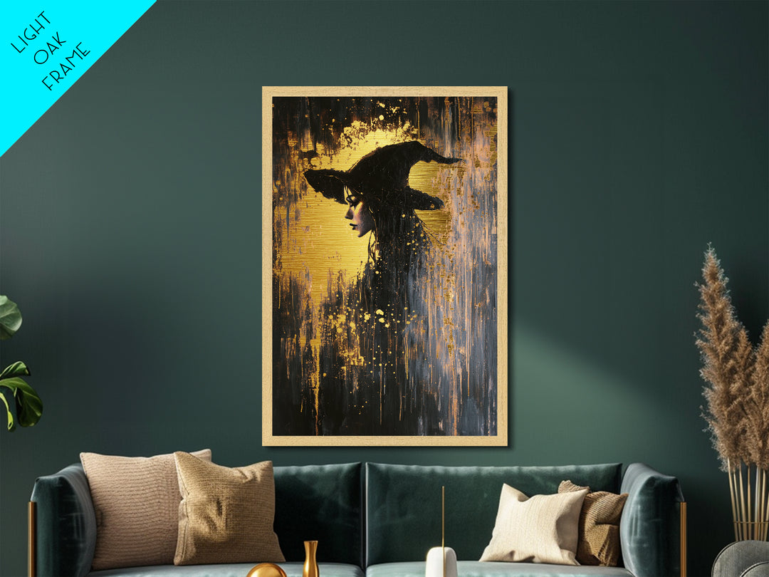 Witch Hat Halloween Portrait, Metallic Gold Art, Spooky Season Gothic Witch Metal Art Framed in Rustic Real Wood