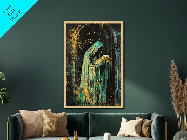 Hooded Phantom with Golden Baby Metallic Gold Art, Creepy Gothic Priest Metal Art in Natural Wood Frame for Halloween