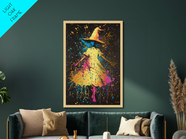 Neon Witch Hat Metallic Gold Art, Psychedelic Spooky Metal Art Print with Real Wood Frame, Vibrant Halloween Wall Decor