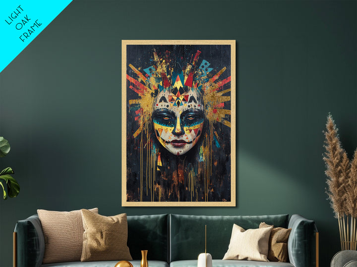 Tribal Skull Mask Metallic Gold Art, Spooky Witchy Horror Portrait Metal Art with Real Wood Frame, Gothic Halloween Decor