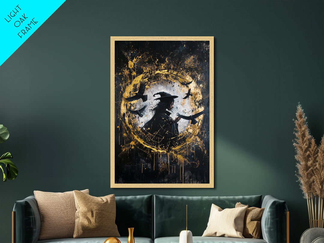 Witch Surrounded by Crows Metallic Gold Art, Haunted Circle Spell Metal Art, Halloween Gothic Decor with Framed Wood Finish