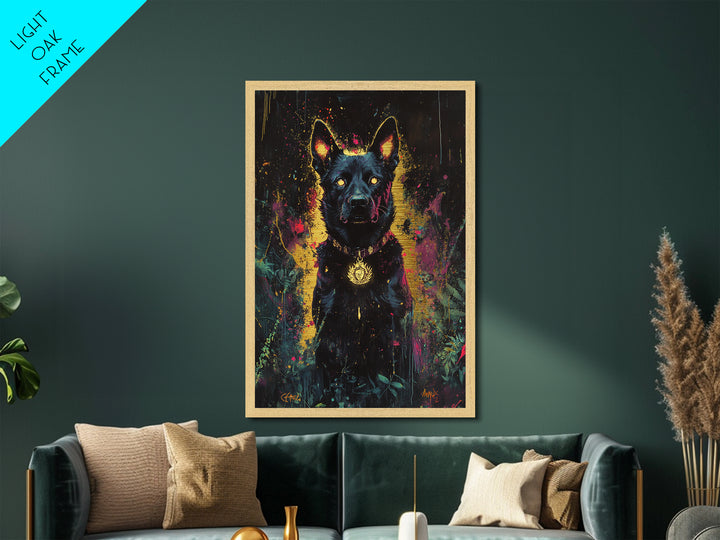 Black Hellhound Metallic Gold Art, Spooky Haunted Dog Metal Art, Halloween Wall Decor Framed in Natural Real Wood