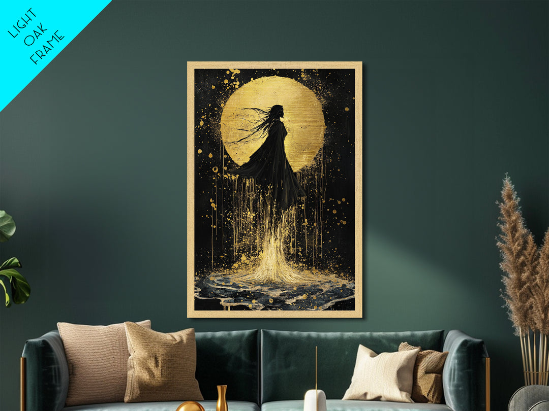 Mystic Woman in Moonlight Metallic Gold Art, Witchy Floating Silhouette Metal Art, Spooky Season Decor in Real Wood Frame
