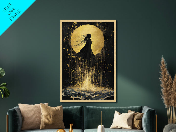 Mystic Woman in Moonlight Metallic Gold Art, Witchy Floating Silhouette Metal Art, Spooky Season Decor in Real Wood Frame