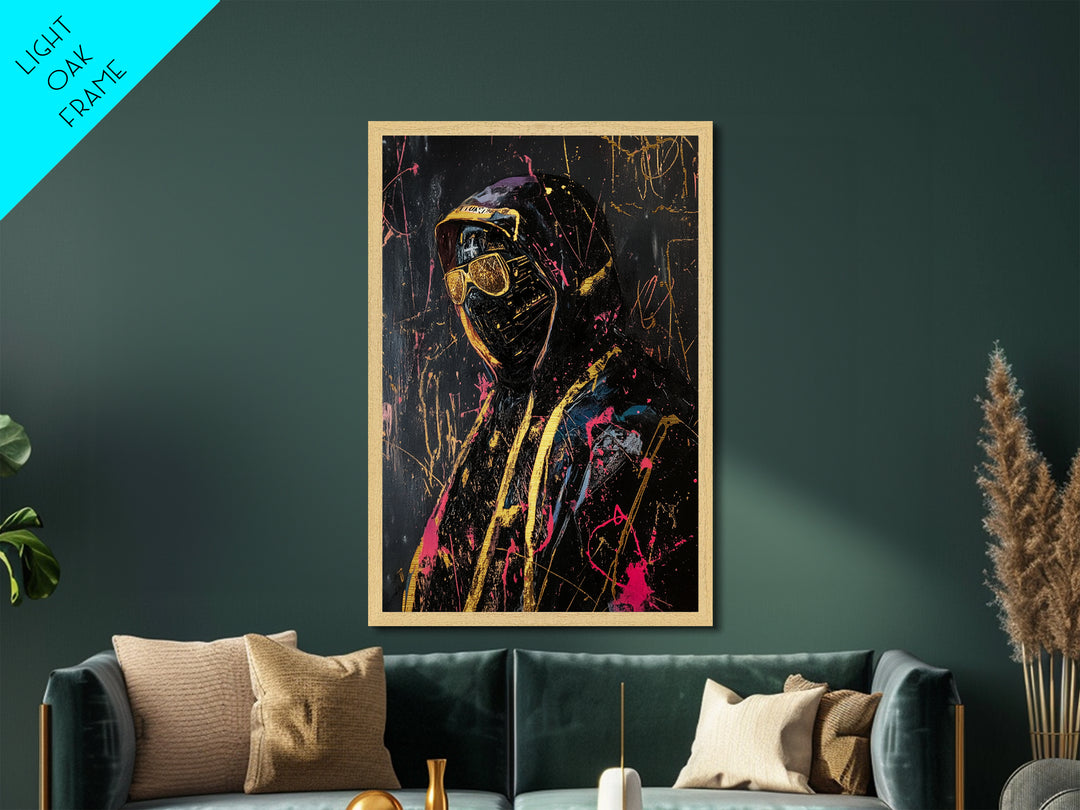 Masked Stranger Metallic Gold Art, Creepy Horror Street Style Metal Art, Spooky Halloween Decor with Natural Wood Frame