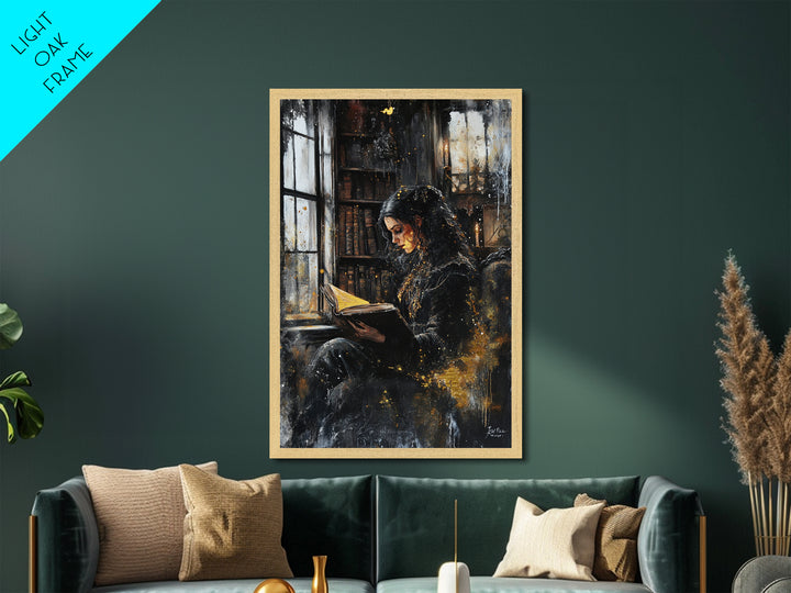 Gothic Witch Reading Spellbook Metallic Gold Art Metal Art Spooky Halloween Wall Decor framed in natural real wood