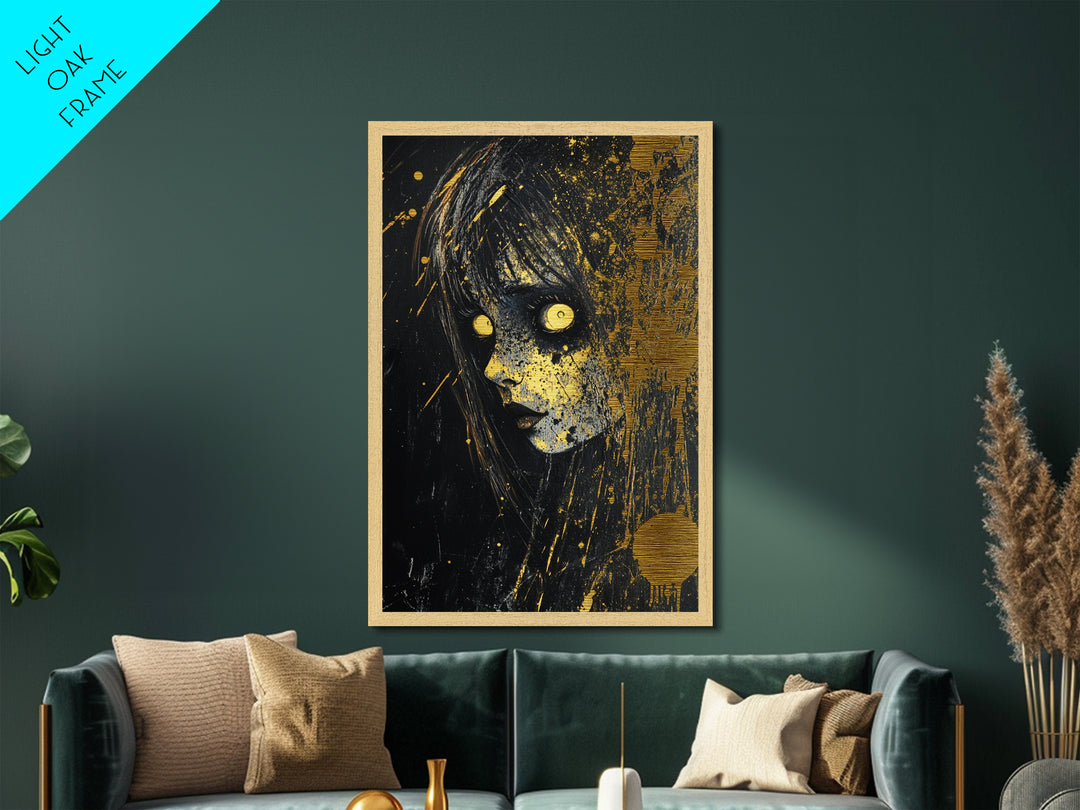 Creepy Horror Doll Portrait Metallic Gold Art Metal Art Spooky Halloween Wall Decor in handcrafted real wood frame