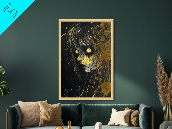 Creepy Horror Doll Portrait Metallic Gold Art Metal Art Spooky Halloween Wall Decor in handcrafted real wood frame
