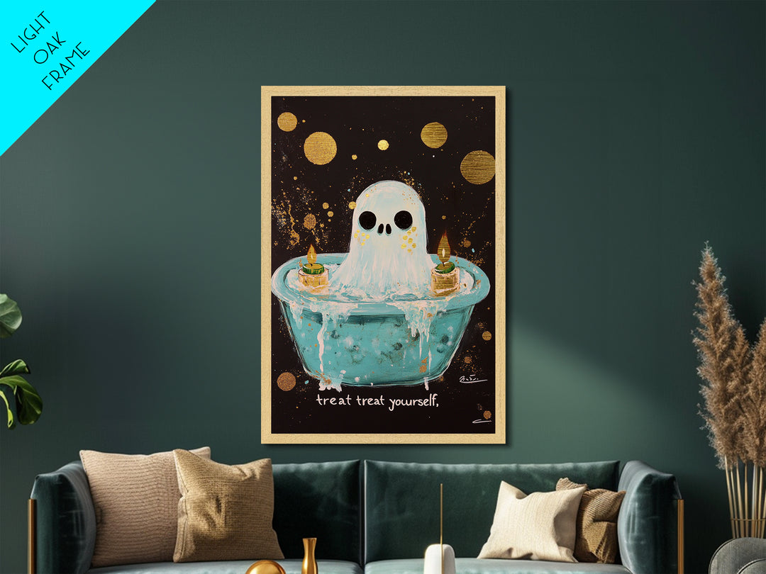 Cute Bathtub Ghost Metallic Gold Art Metal Art Halloween Spooky Season Wall Print framed with solid real wood accents