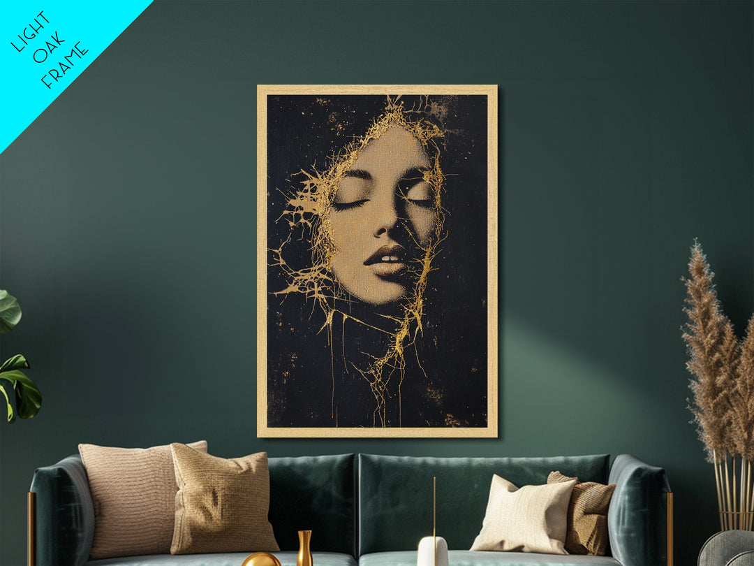 Golden Roots Haunted Face, Creepy Abstract Metallic Gold Art Portrait, Spooky Season Metal Art framed in natural wood