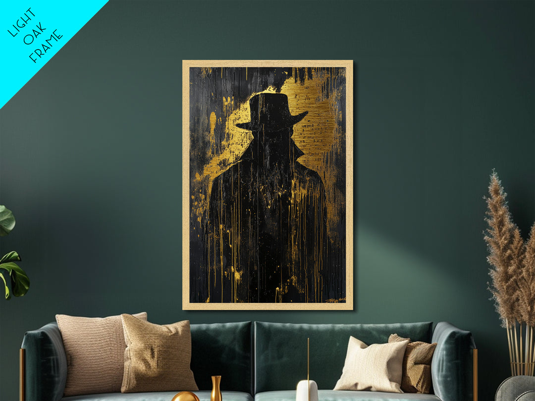 Dark Shadow Figure Metallic Gold Art Metal Art Creepy Horror Halloween Haunted Wall Decor in premium real wood frame