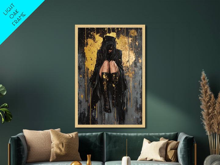 Moody Gothic Girl in Hood Metallic Gold Art Metal Art Spooky Season Haunted Halloween Wall Hanging with natural wood frame