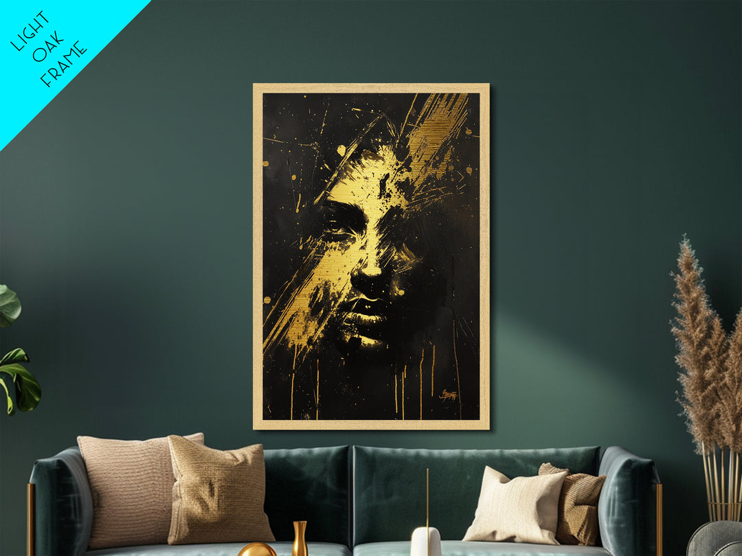 Abstract Haunted Face Metallic Gold Art Metal Art Spooky Horror Gothic Halloween Wall Print framed in genuine wood