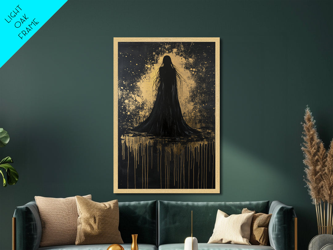 Spooky Ghostly Silhouette Metallic Gold Art Metal Art Haunted Horror Halloween Wall Hanging with authentic real wood frame