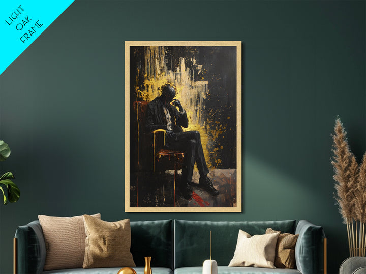Haunted Man in Suit Metallic Gold Art Metal Art Gothic Horror Halloween Spooky Season Wall Decor framed with natural wood