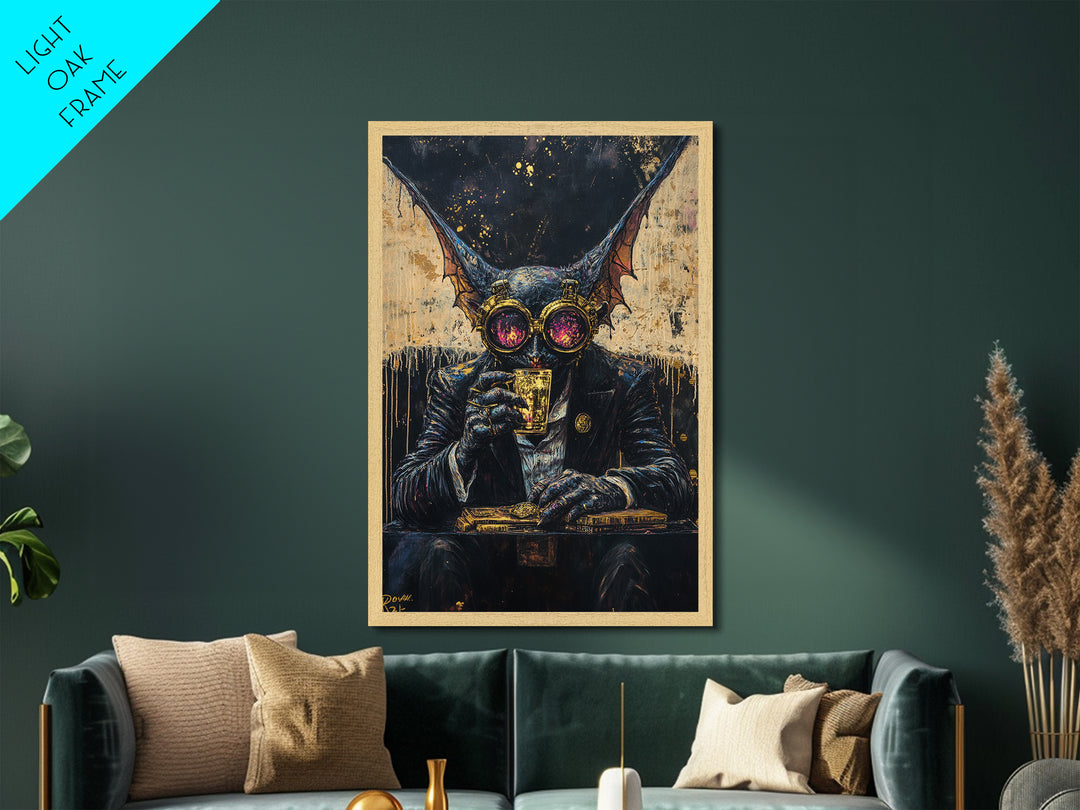 Gothic Bat Creature Drinking Whiskey – Metallic Gold Art, Spooky Season Metal Art, Framed in Real Wood for Halloween Decor