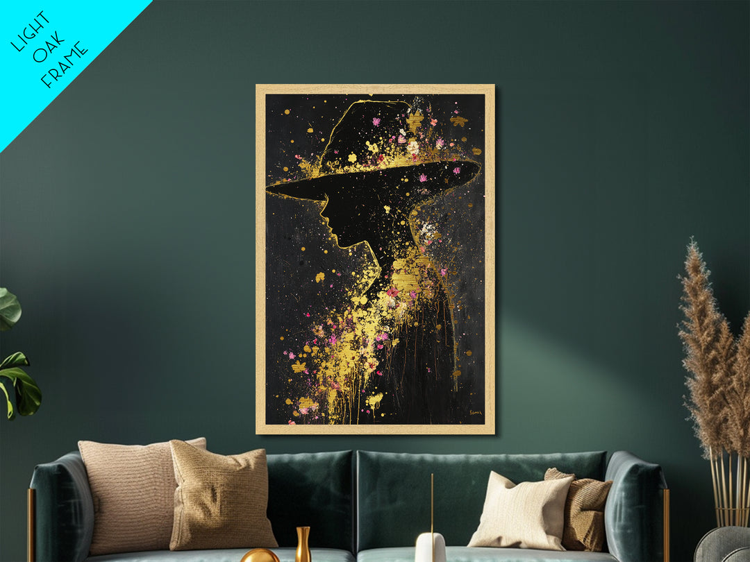 Haunting Silhouette with Floral Hat – Halloween Metallic Gold Art, Spooky Metal Art on Canvas, Natural Wood Frame Wall Hanging