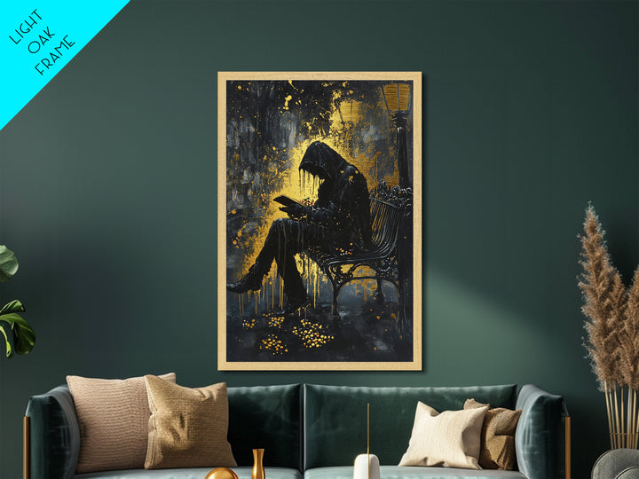 Creepy Hooded Figure Reading in Park – Metallic Gold Art, Haunted Gothic Metal Art, Spooky Wall Art in Real Wood Frame