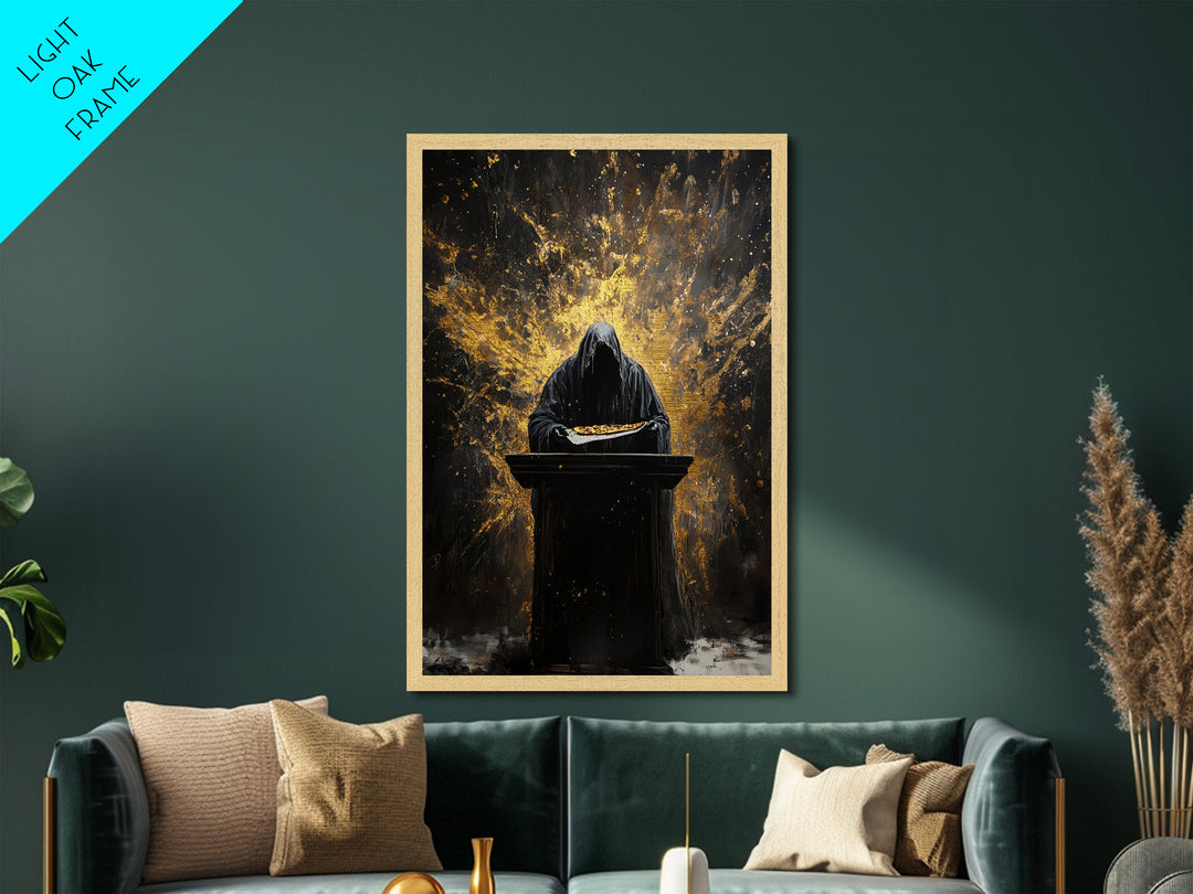 Dark Hooded Reaper Offering Pizza, Gothic Horror Metallic Gold Art, Haunted Season Metal Art in handcrafted wood frame