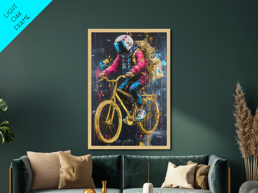 Astronaut Biker in Neon Drips – Halloween Metallic Gold Art, Surreal Spooky Season Metal Art, Real Wood Frame Gothic Decor