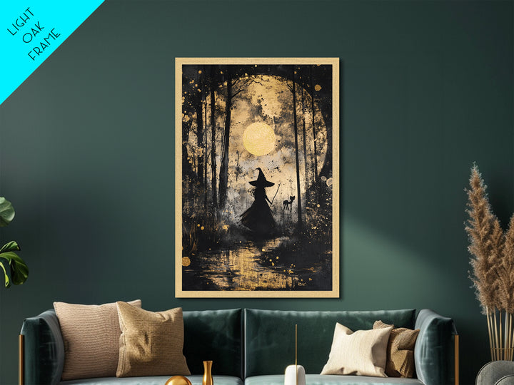 Witch in Forest with Cat and Moon – Metallic Gold Art, Halloween Spooky Metal Art, Gothic Wall Art Framed in Natural Wood