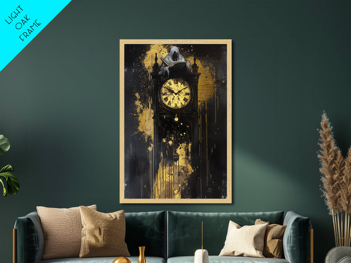 Ghostly Figure atop Gothic Clock – Metallic Gold Art, Haunted Metal Art, Spooky Season Halloween Wall Decor in Real Wood Frame