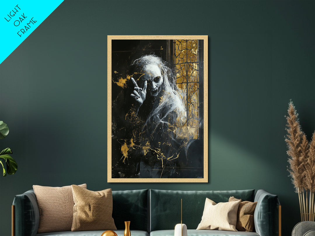 Creepy Ghost by Gothic Window – Metallic Gold Art, Haunted Gothic Metal Art, Halloween Wall Art with Natural Real Wood Frame