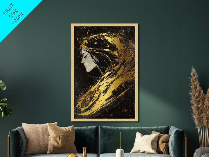 Haunting Woman Profile Metallic Gold Art, Gothic Metal Art Wall Decor in Natural Wood Frame, Spooky Season Halloween Gift