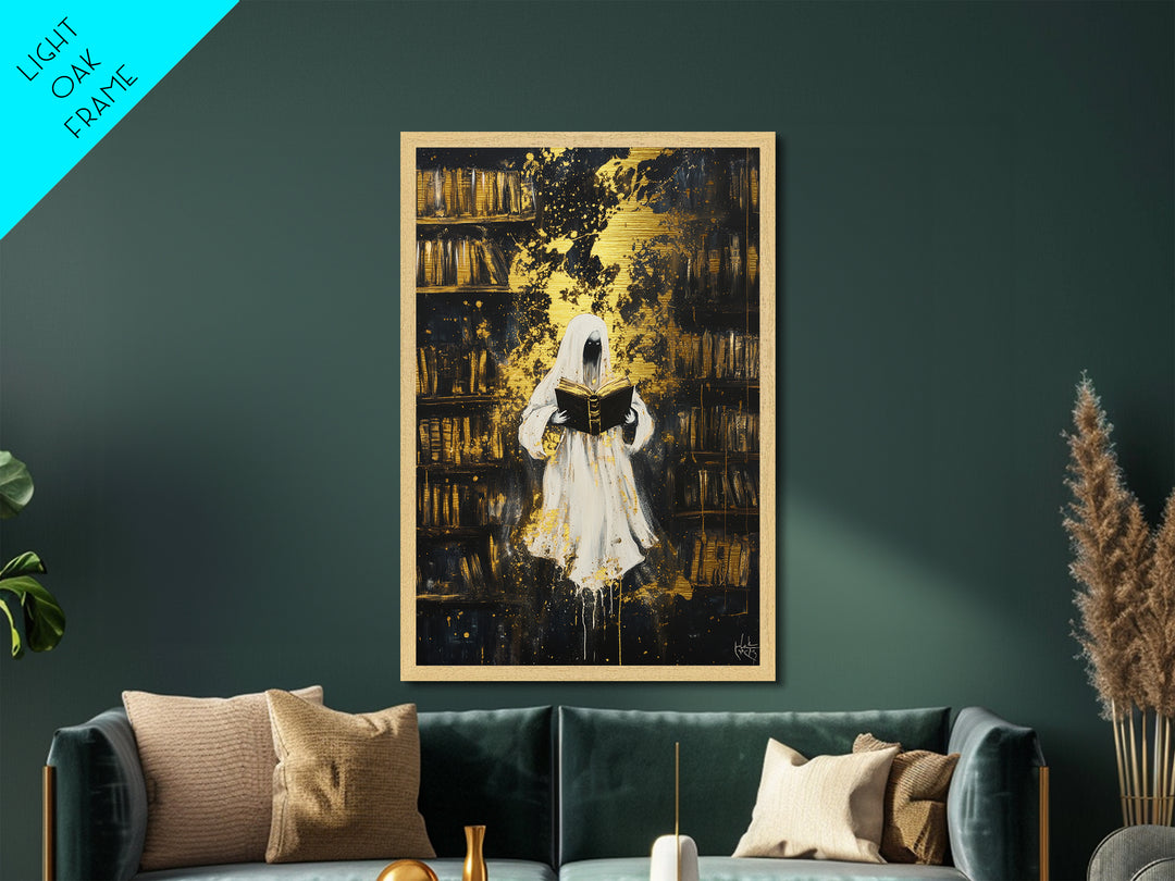 Ghostly Librarian Metallic Gold Art, Spooky Haunted Library Metal Art with Real Wood Frame, Halloween Gothic Wall Hanging