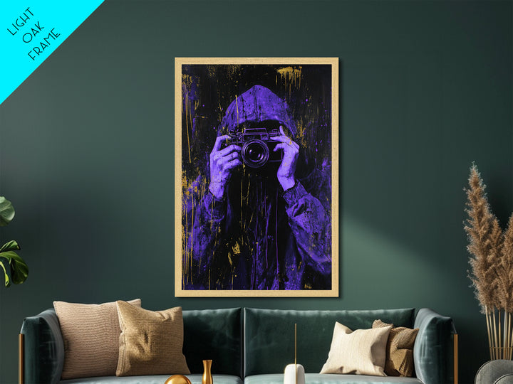 Purple Hooded Photographer Metallic Gold Art, Creepy Urban Metal Art Framed in Real Wood, Halloween Spooky Season Artwork