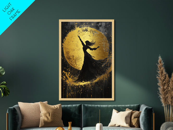 Witch Dancing Under Moon Metallic Gold Art, Spooky Halloween Metal Art in Real Wood Frame, Gothic Wall Decor for Fall