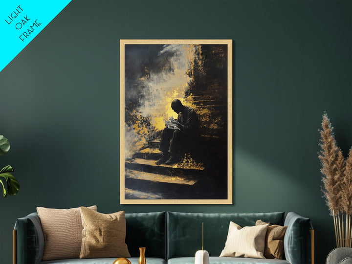 Shadow Reader on Steps, Haunted Gothic Metallic Gold Art, Creepy Halloween Metal Art with spooky vibe in real wood frame