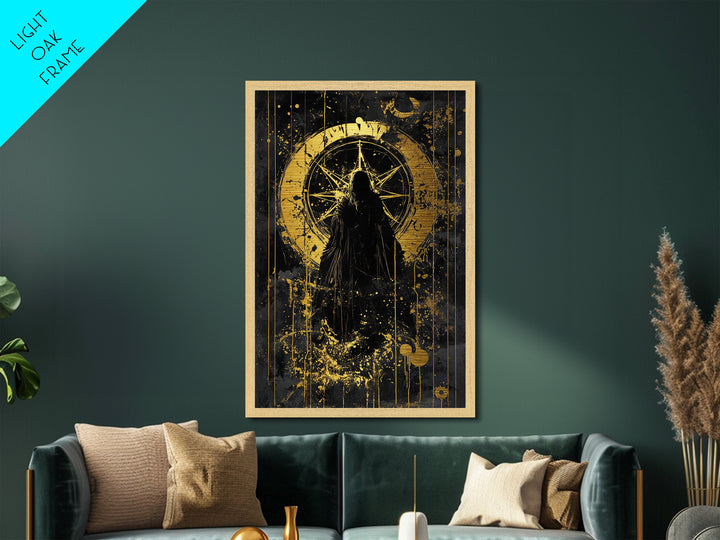 Mystic Compass Metallic Gold Art, Dark Gothic Metal Art Wall Hanging with Real Wood Frame, Spooky Season Halloween Decor